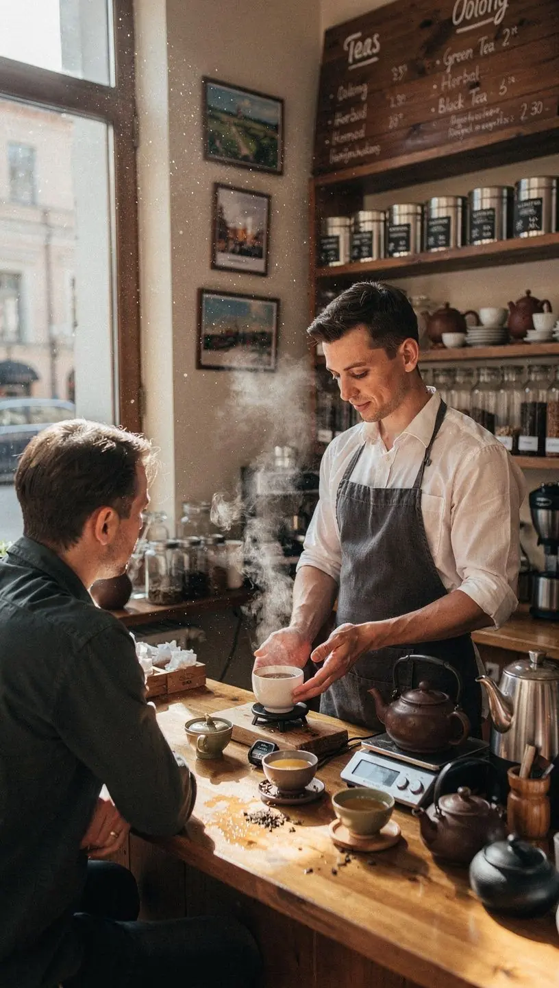 Šilto arbatos garų debesėlis sklindantis virš puodelio ramiame kambaryje.