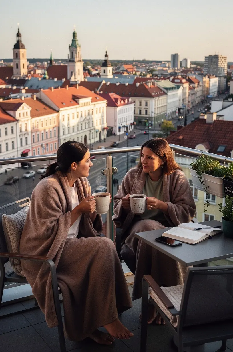 Vakarinių rutinų planavimo užrašų knygelė su arbatos puodeliu šalia.