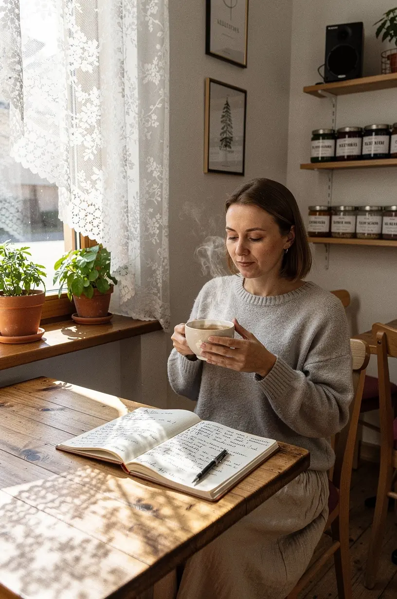 Tvarkinga darbo vieta su arbatos puodeliu ir užrašų knygele, skirta efektyviam kasdienės rutinos planavimui be streso.