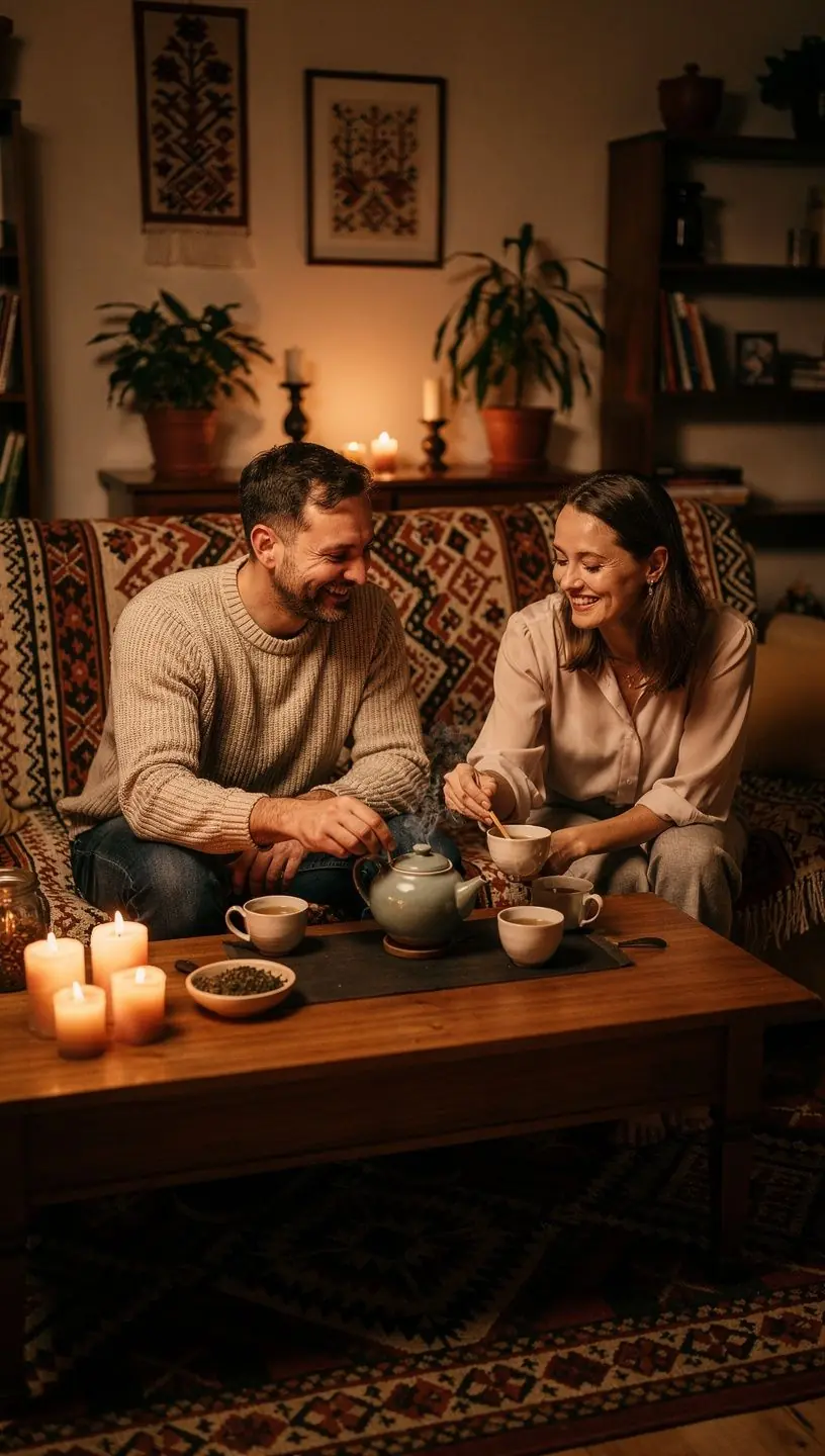 Žmogus, ramiai užrašantis dienos planą su arbatos puodeliu šalia.